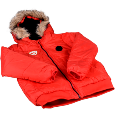DVTK címeres piros kabát, szőrmés kapucnival